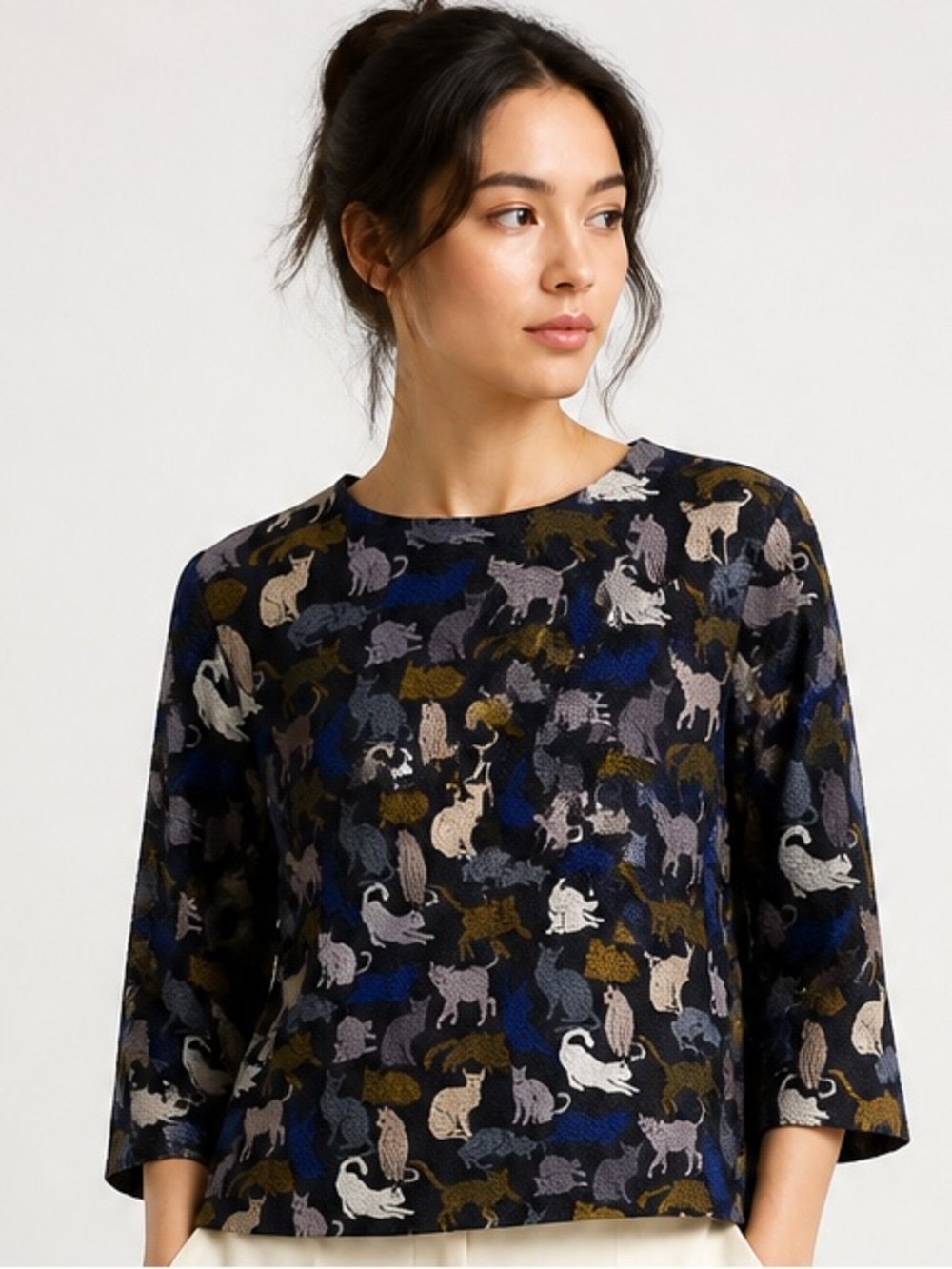 HM Mod Retro Blue Cat Print Cropped Blouse 3/4 Sleeve Boxy Textured Top Size 10
